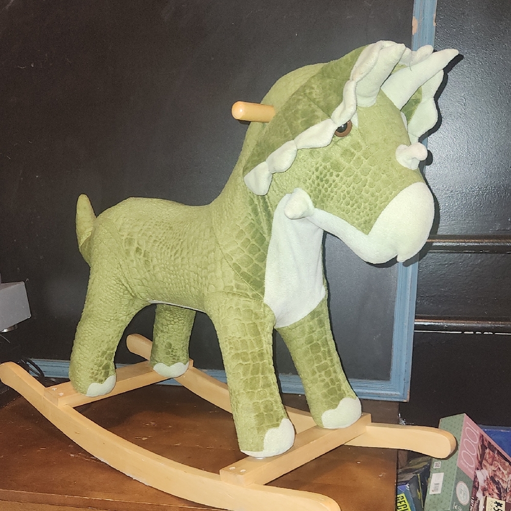 Plush Green Triceratops Rocker for Kids - Soft Ride-On Toy